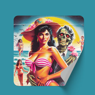 Creepy Zombie Beach Pin-up Square Sticker