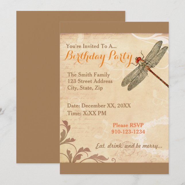 Créez votre propre dragonfly Invitation d'annivers (Devant / Derrière)