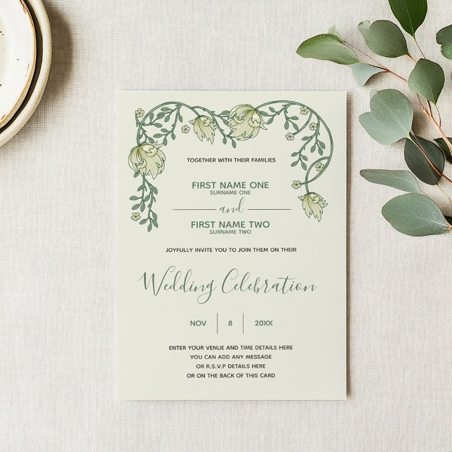 Crème Art nouveau et faire-part de mariage verte (Art nouveau wedding invitation with green script and vintage style floral top frame)
