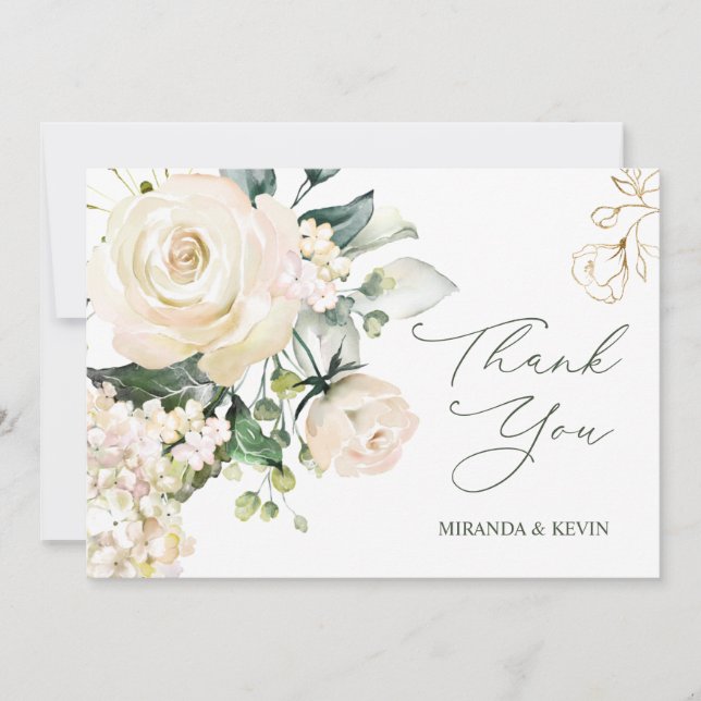 Crème blanche Roses Hydrangea Mariage Merci (Devant)