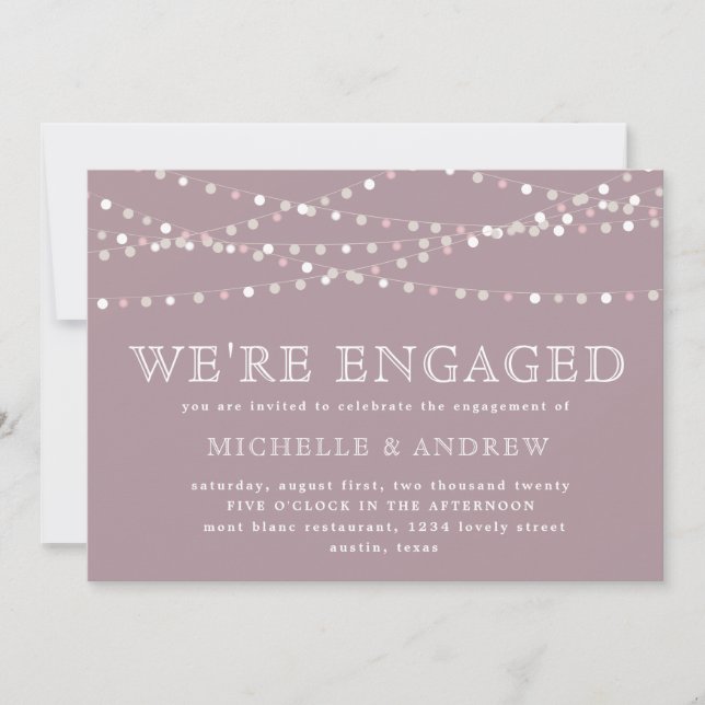 creme botanical pastel string lights engagement invitation (Front)