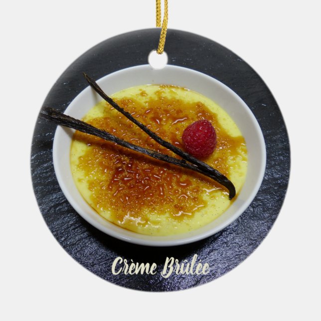 Creme brulee on slate with raspberry and vanilla l ceramic ornament (Front)