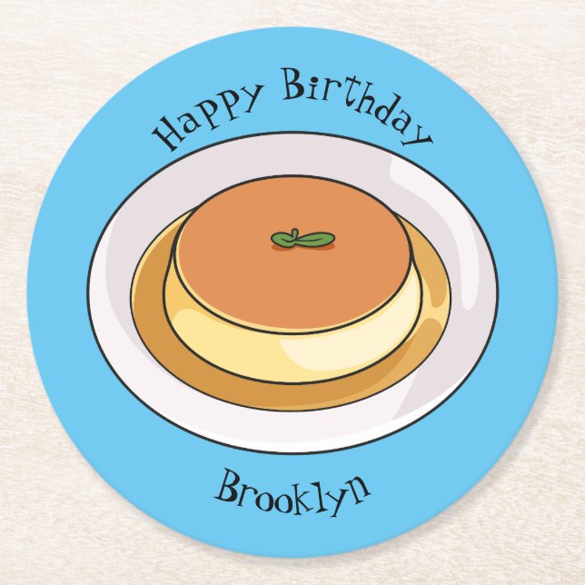 Creme caramel cartoon illustration round paper coaster (Front)