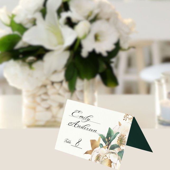 Crème d'automne Roses et Deep Emerald Green (Autumn wedding watercolor roses table or escort card)