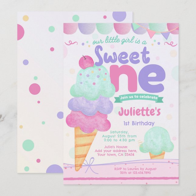 Crème de glace 1er anniversaire Fête Invitation (Devant / Derrière)