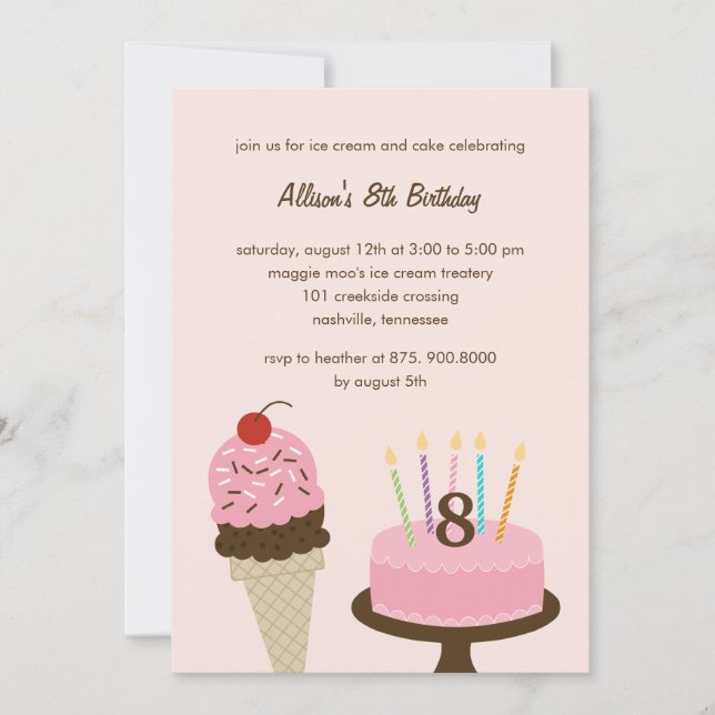 Crème de glace et gâteau Invitation d'anniversaire (Devant)