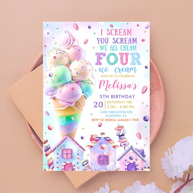 Crème de glace rose 4ème anniversaire Invitation (Créateur téléchargé)