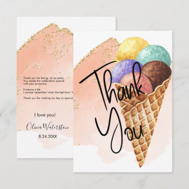 Crème glacée | Cartes de Parties scintillant Merci (Devant / Derrière)