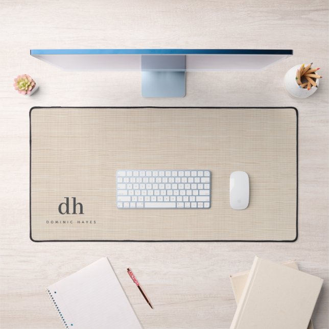 Crème Lin Beige Texture Minimal Élégant Monogramme (Bureau 1)