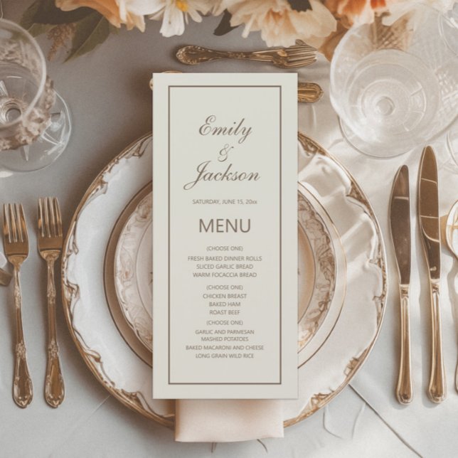 Crème moderne Elegant Menu Mariage Brown (Cream-colored wedding reception menu)