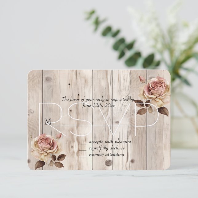 Crème rose Roses Crème Blanc Bois Mariage RSVP (Debout devant)