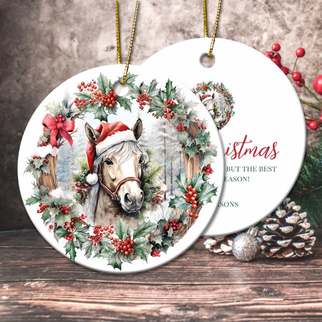 Cremello horse Christmas holly berry wreath Ceramic Ornament (Cremello horse Christmas holly berry wreath Ceramic Ornament)