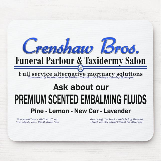 Crenshaw Bros Scented Embalming Fluid Promo Mouse Pad (Front)