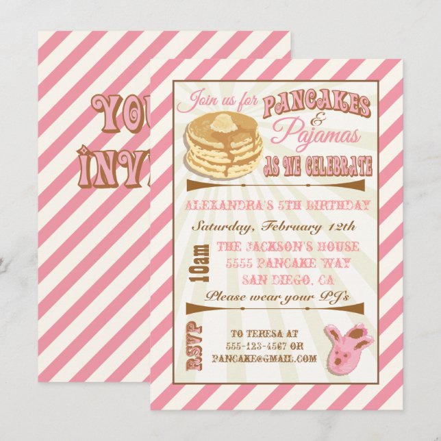 Crêpes et pyjamas Invitations de fête d'anniversai (Devant / Derrière)
