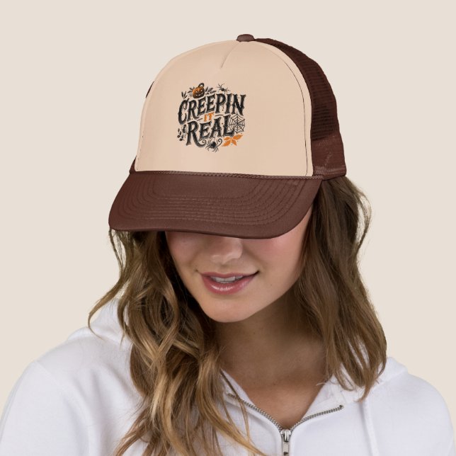 Crepping It Real Halloween Retro Design Trucker Hat (In Situ)