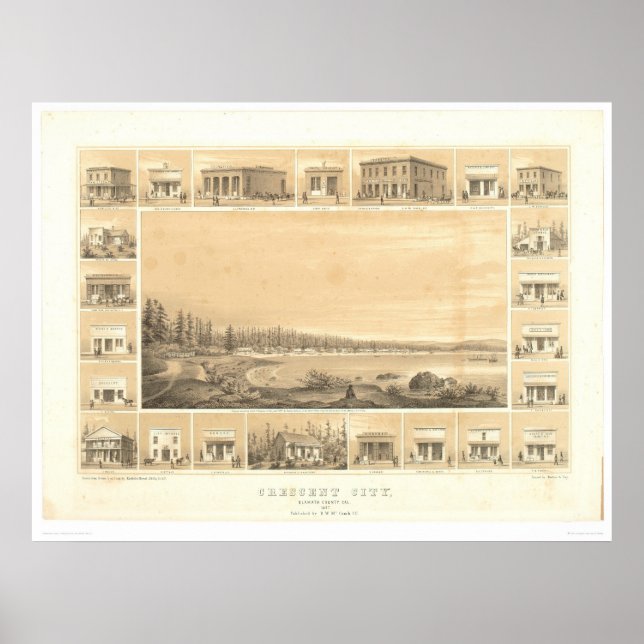 Crescent City, CA. Panoramic Map 1857 (0465A) Poster (Front)