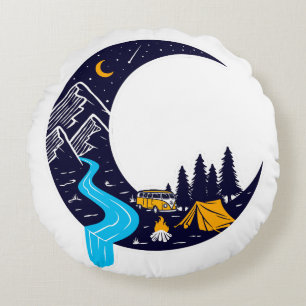 Crescent Moon Adventure Camping Round Pillow