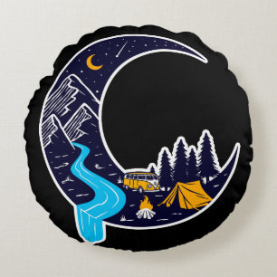 Crescent Moon Adventure Camping Round Pillow