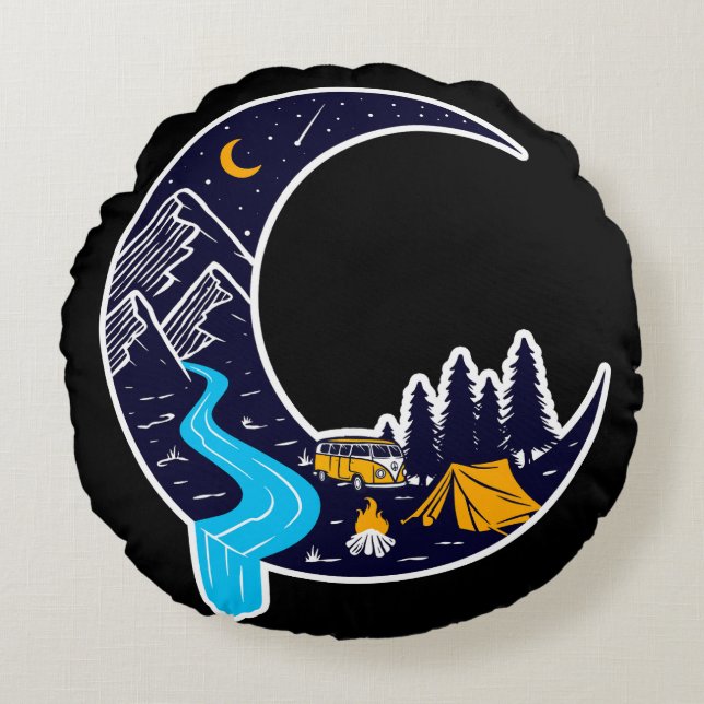 Crescent Moon Adventure Camping Round Pillow (Front)