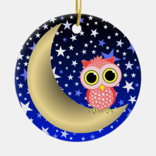 crescent moon and owl ceramic ornament