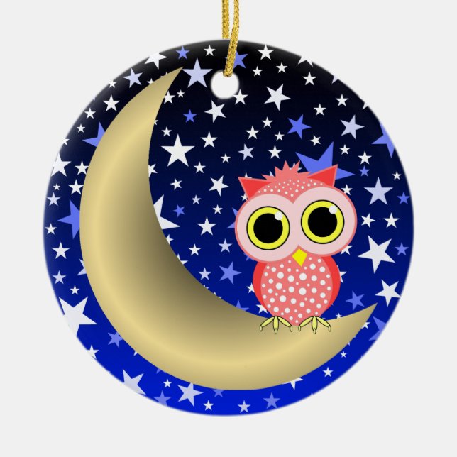 crescent moon and owl ceramic ornament (Front)