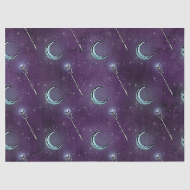 Crescent Moon and Staff on Purple Decoupage Tissue Paper (Front)