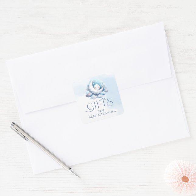 Crescent Moon Baby Face Gifts Typography Square Sticker (Envelope)