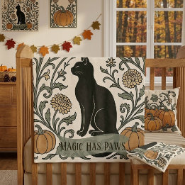 Crescent Moon Black Cat Botanical | Magic Has Paws Fleece Blanket
