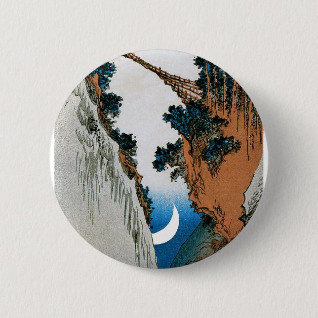 Crescent Moon, Bridge, and Waterfall. Japan. 2 Inch Round Button (Front)