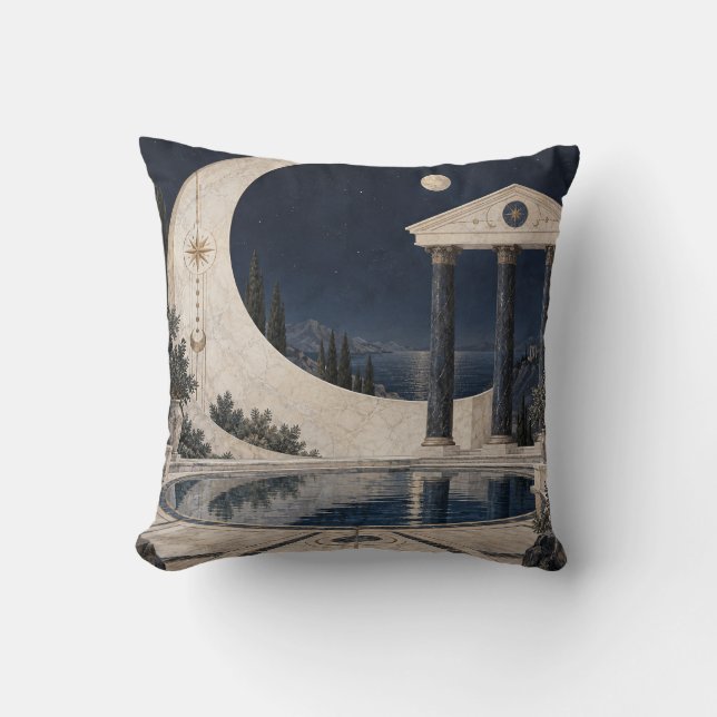 Crescent Moon Classical Temple Reflecting Pool Throw Pillow (Front)