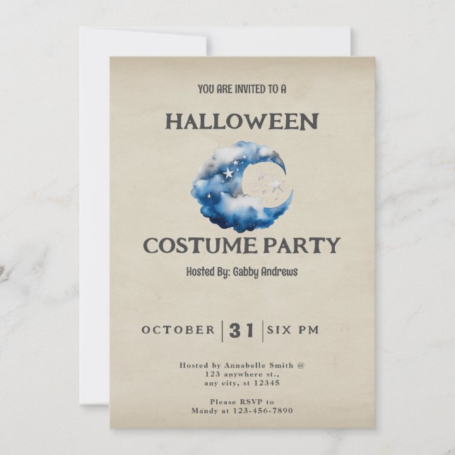 Crescent Moon Clouds and Stars Vintage Halloween Invitation (Front)