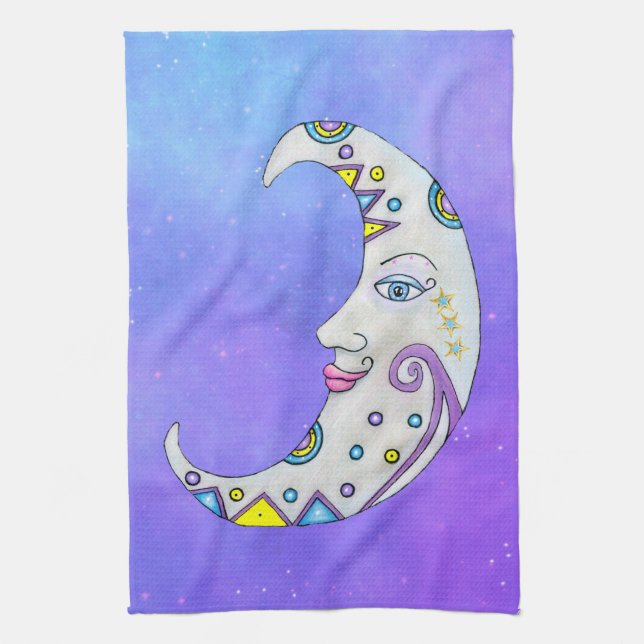 Crescent Moon Colourful Shapes Pretty Face Purple Kitchen Towel (Vertical)