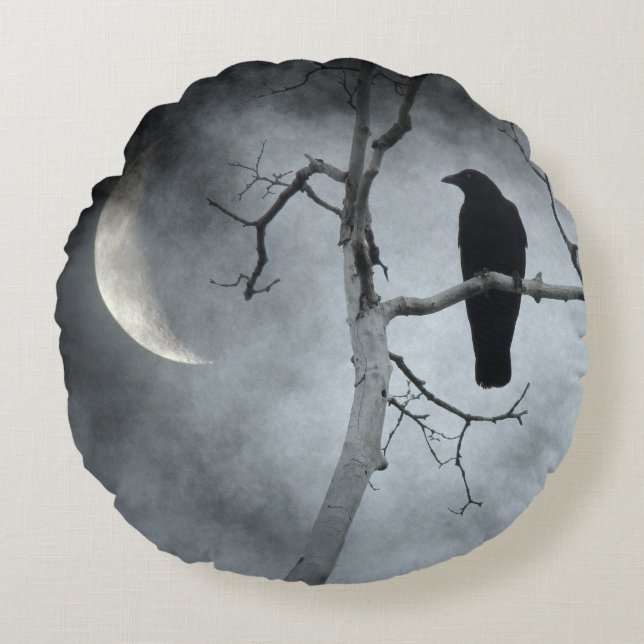 Crescent Moon Crow Round Pillow (Front)