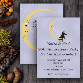Crescent Moon Face Stars Couple Anniversary 25th Invitation