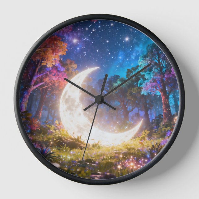 Crescent Moon Fantasy Forest Wall Clock (Front)