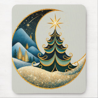 Crescent Moon Gold Winter Christmas Wonderland Mouse Pad