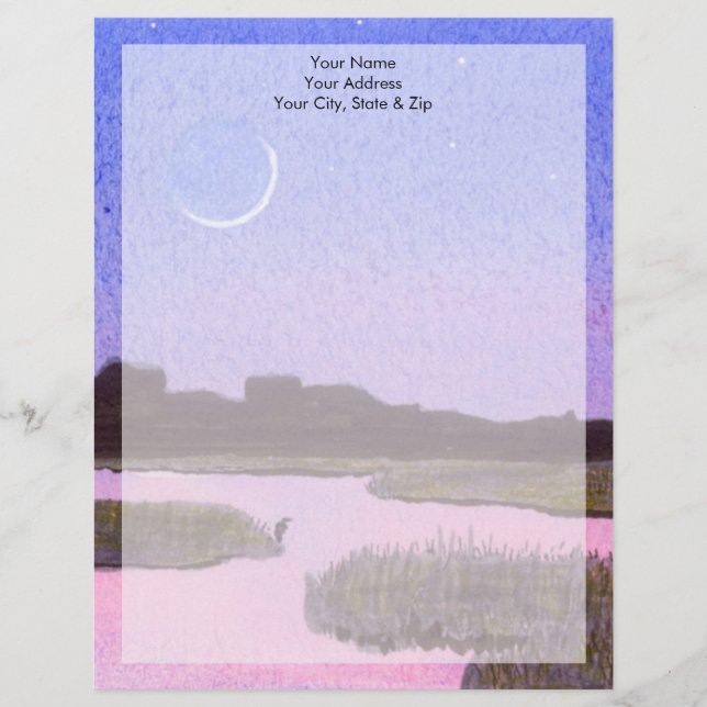 Crescent Moon & Heron in Twilight Marsh Letterhead (Front)