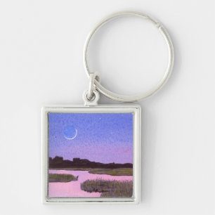 Crescent Moon & Heron Twilight Marsh Keychain