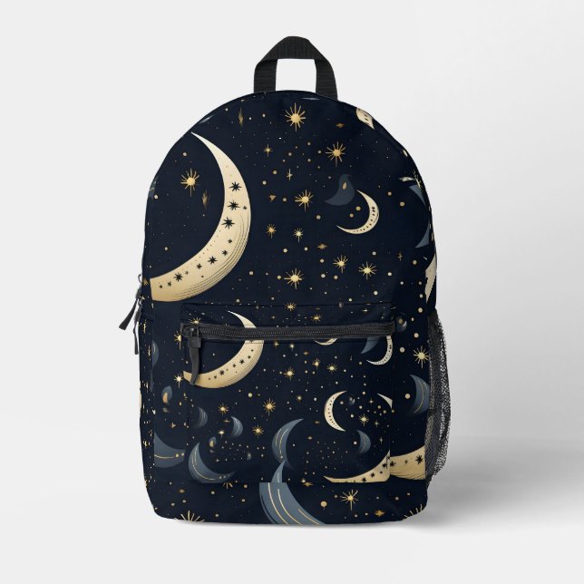 Crescent moon in black and gold printed backpack (Front)