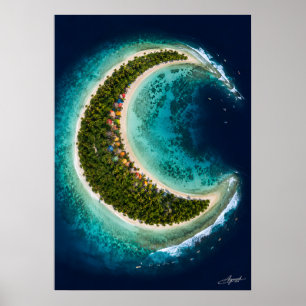 Crescent Moon Island with Surfers Satellite View Poster