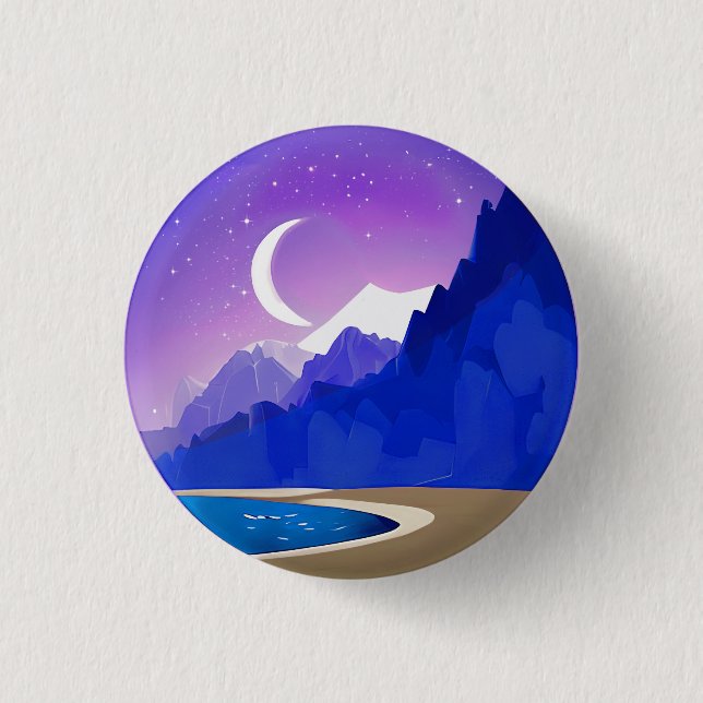 Crescent Moon, Lake and Mountains in Violet & Blue 1 Inch Round Button (Front)