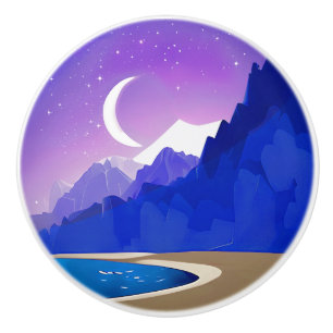 Crescent Moon, Lake and Mountains in Violet & Blue Ceramic Knob