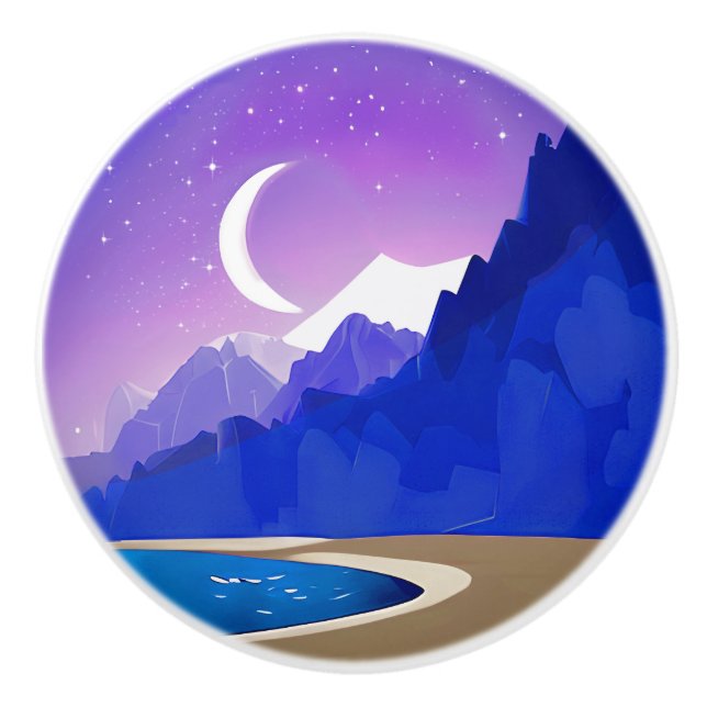 Crescent Moon, Lake and Mountains in Violet & Blue Ceramic Knob (Front)