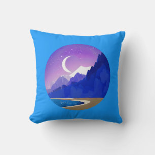Crescent Moon, Lake and Mountains in Violet & Blue Throw Pillow