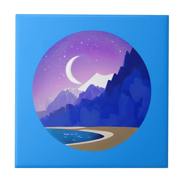 Crescent Moon, Lake and Mountains in Violet & Blue Tile (Front)