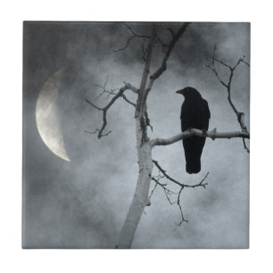 Crescent Moon Lit Crow Tile