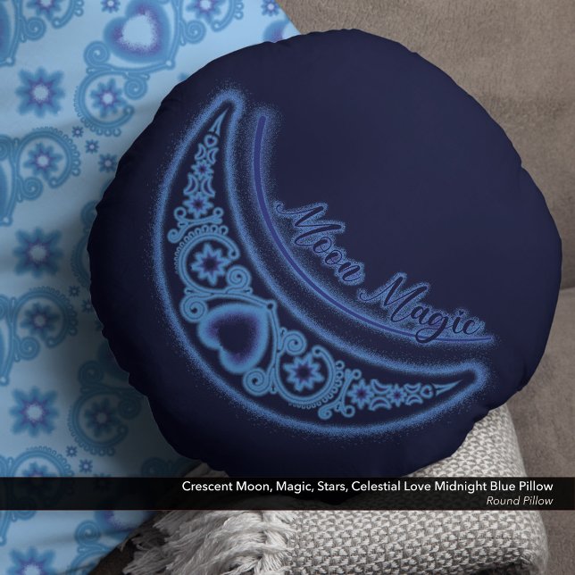 Crescent Moon Magic Stars Celestial Midnight Blue Round Pillow (Crescent Moon Magic Stars Celestial Love Midnight Blue Round Pillow)
