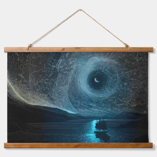 Crescent moon over a sailing ship, rocky coast hanging tapestry