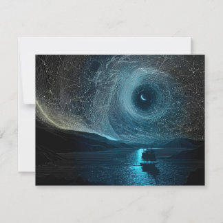 Crescent moon over a sailing ship, rocky coast invitation