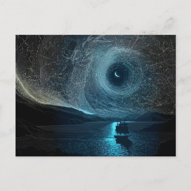 Crescent moon over a sailing ship, rocky coast postcard (Front)